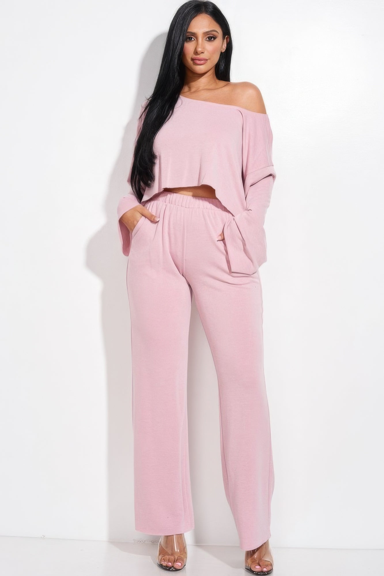 Light pink off-shoulder long sleeve top and wide-leg pants set with pockets