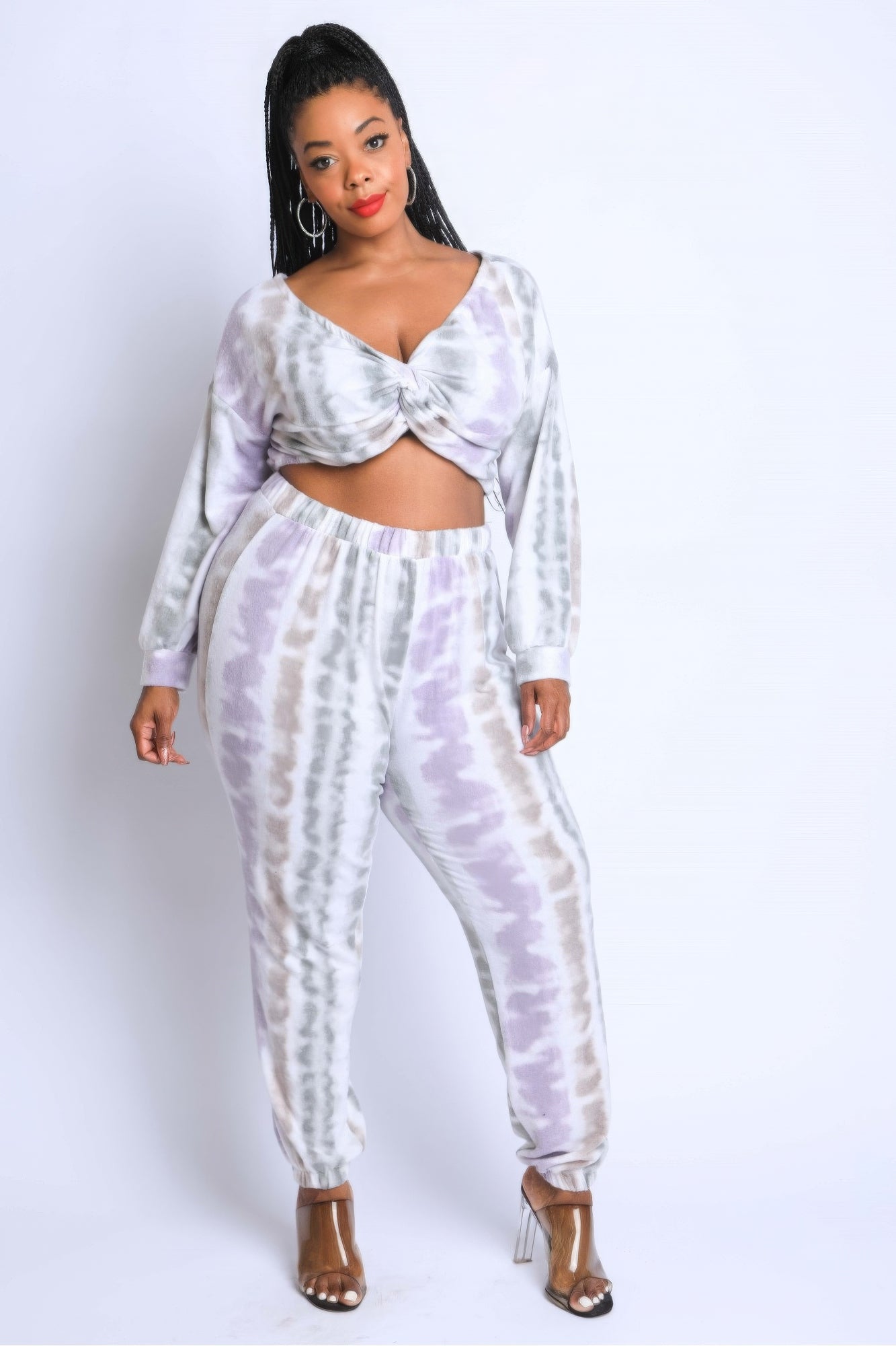 Tie-dye off-shoulder set: knotted cropped top and matching jogger pants, light purple/white
