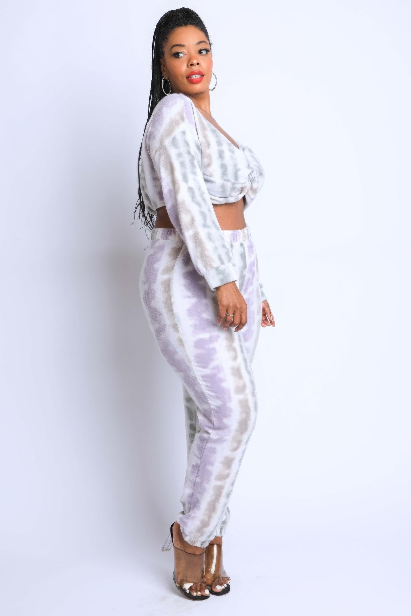 Tie-dye set side view: off-shoulder long-sleeve crop top with matching ankle joggers