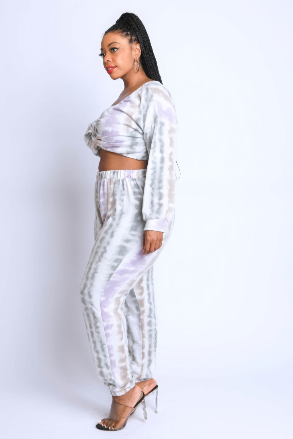 Tie-dye off-shoulder crop top with elastic-waist jogger pants, light purple/white
