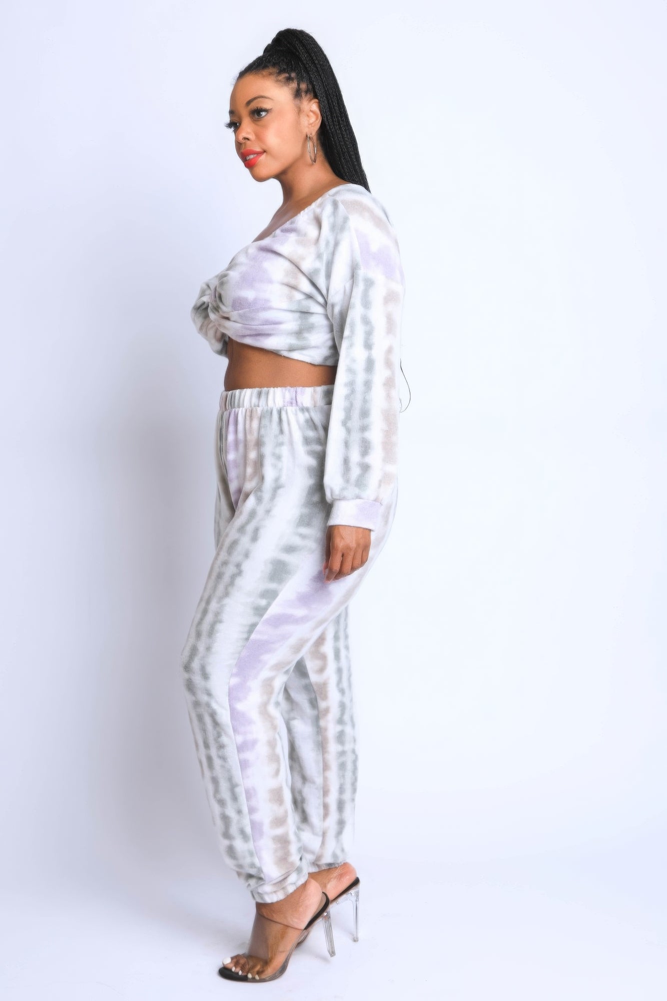 Tie-dye off-shoulder crop top with elastic-waist jogger pants, light purple/white