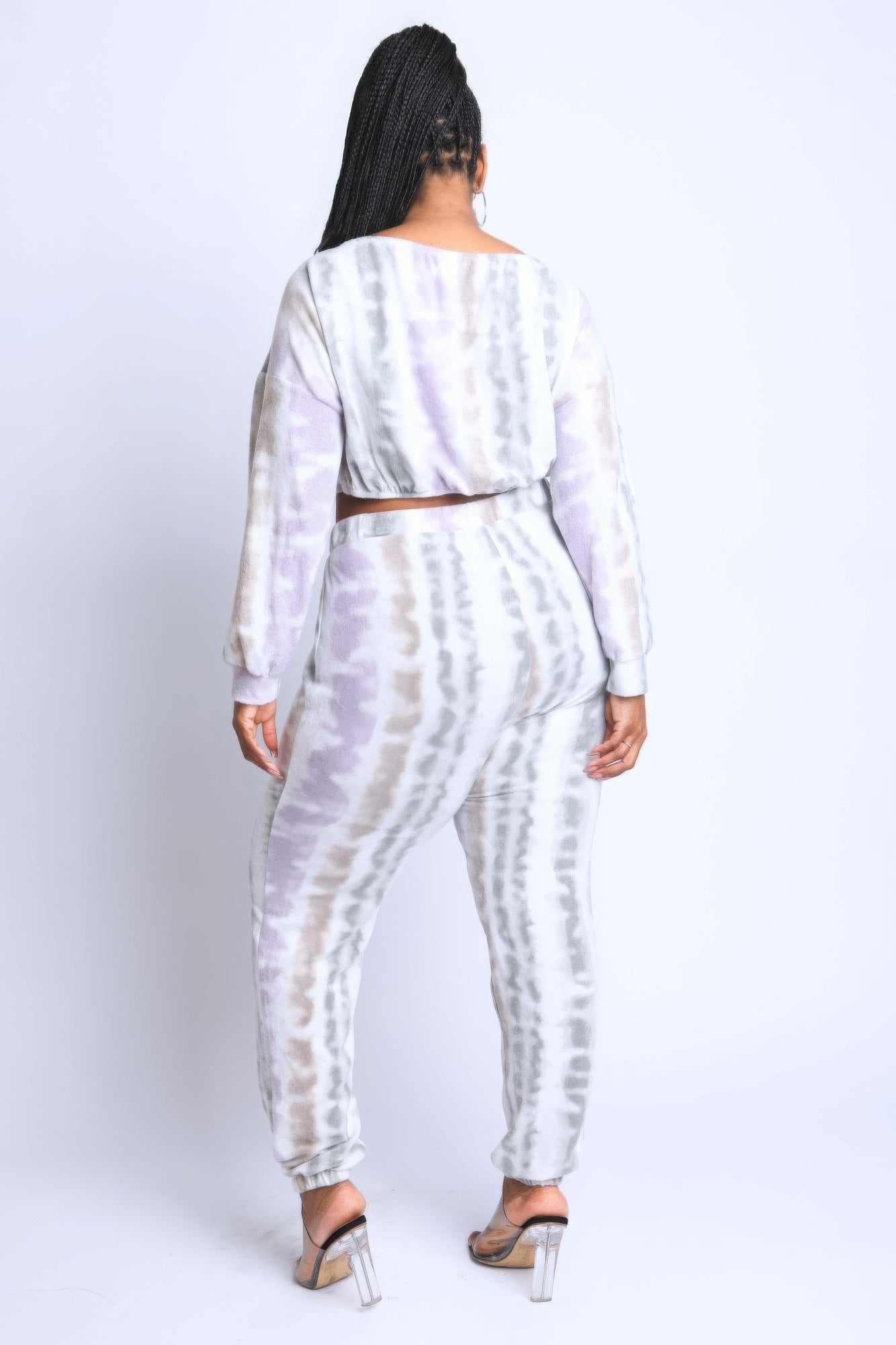 Tie-dye set back view: cropped top and matching jogger pants with elastic cuffs
