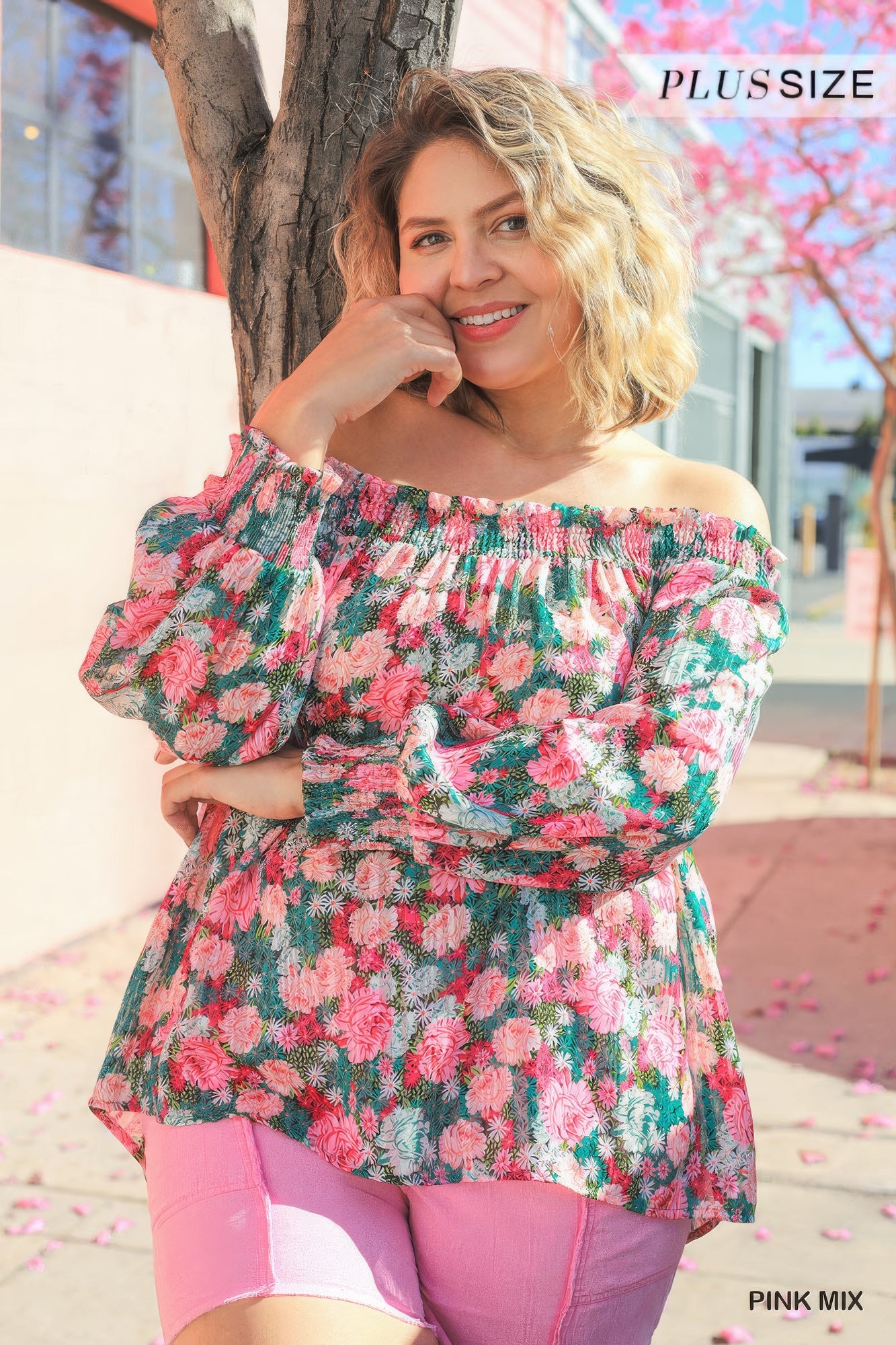 Floral off-shoulder long-sleeve top, pink mix print with elastic neckline