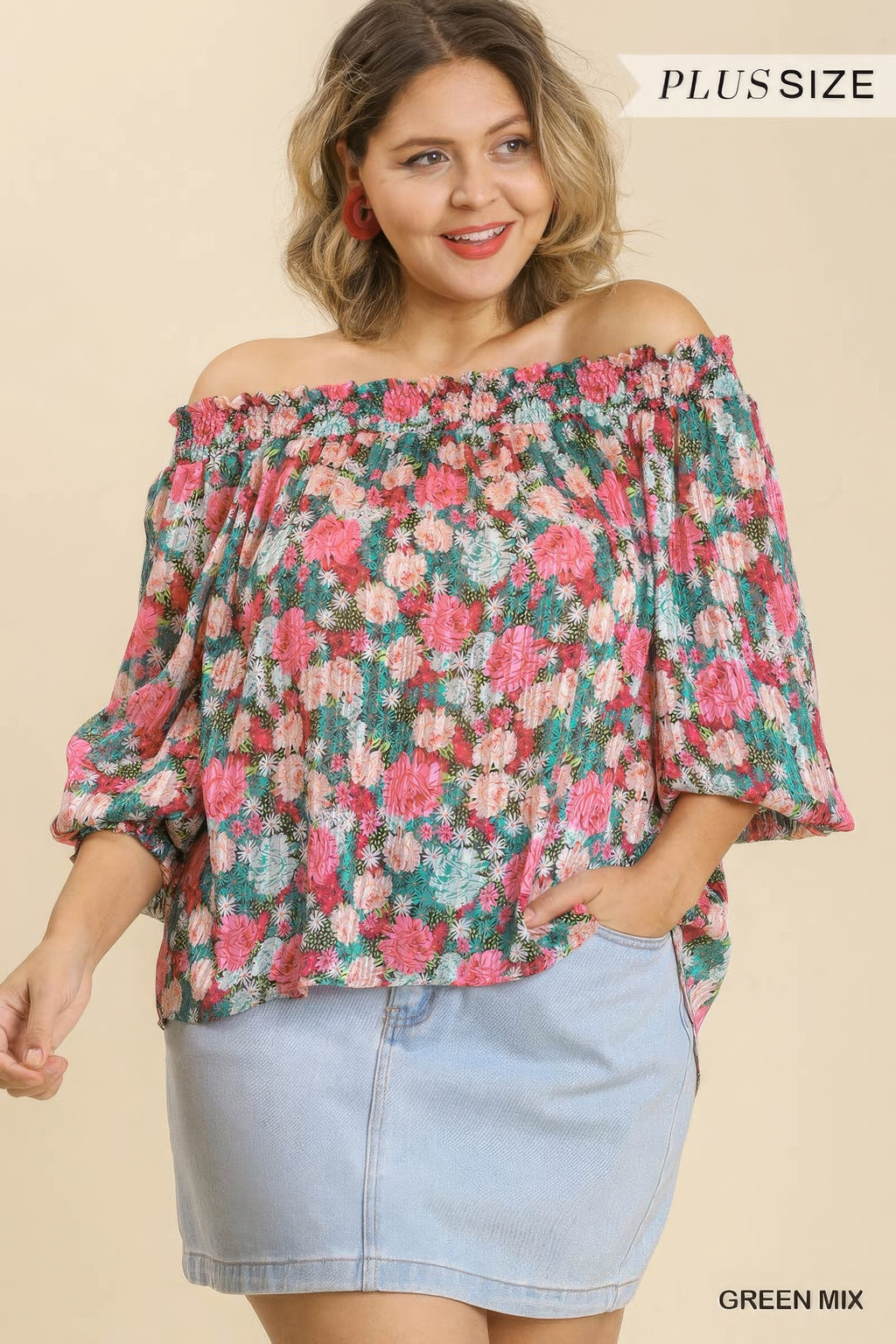 Green-mix floral off-shoulder blouse with smocked neckline and puff sleeves