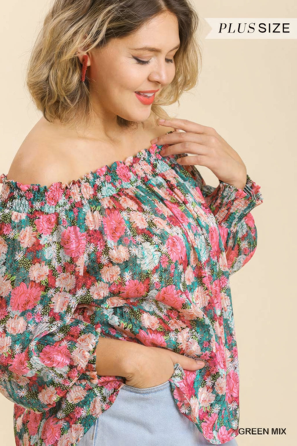 Floral off-shoulder long-sleeve top, green-mix print with smocked neckline