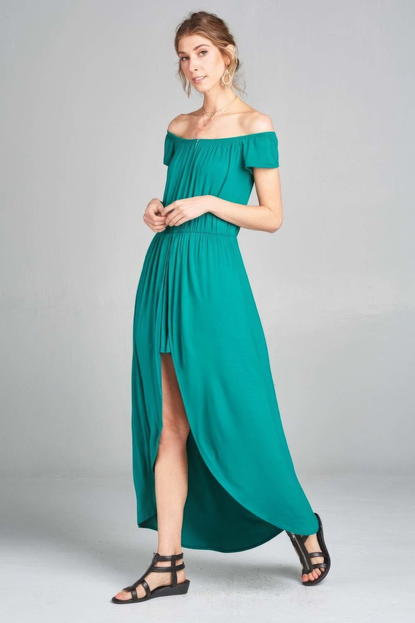 Emerald off-shoulder jersey maxi romper with elastic neckline and side slit