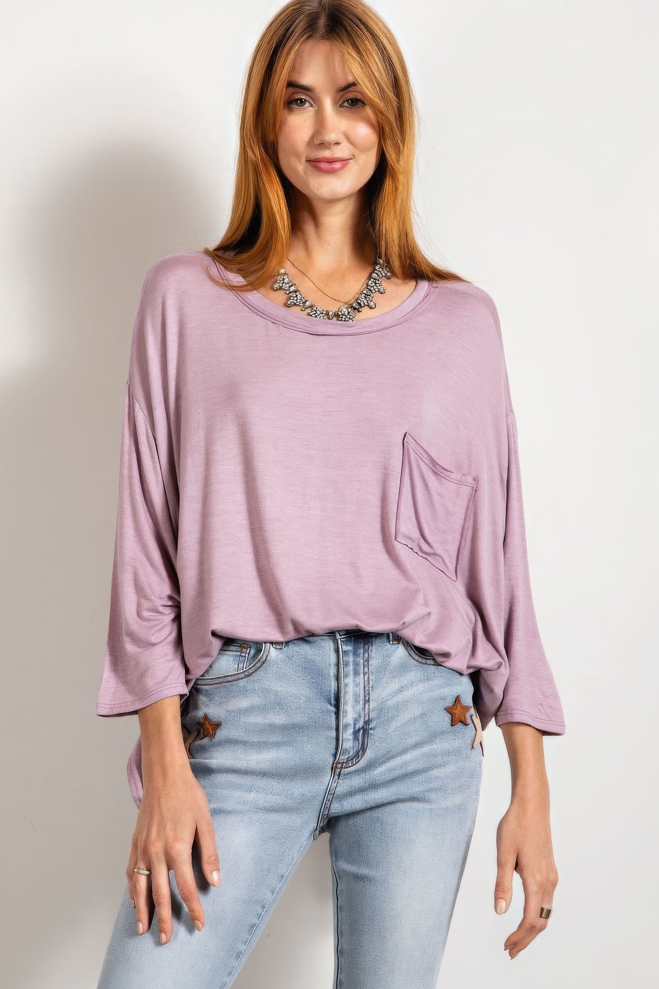 Rounded Neckline 3/4 Sleeves Washed Top - Tigbul's Variety Fashion Shop