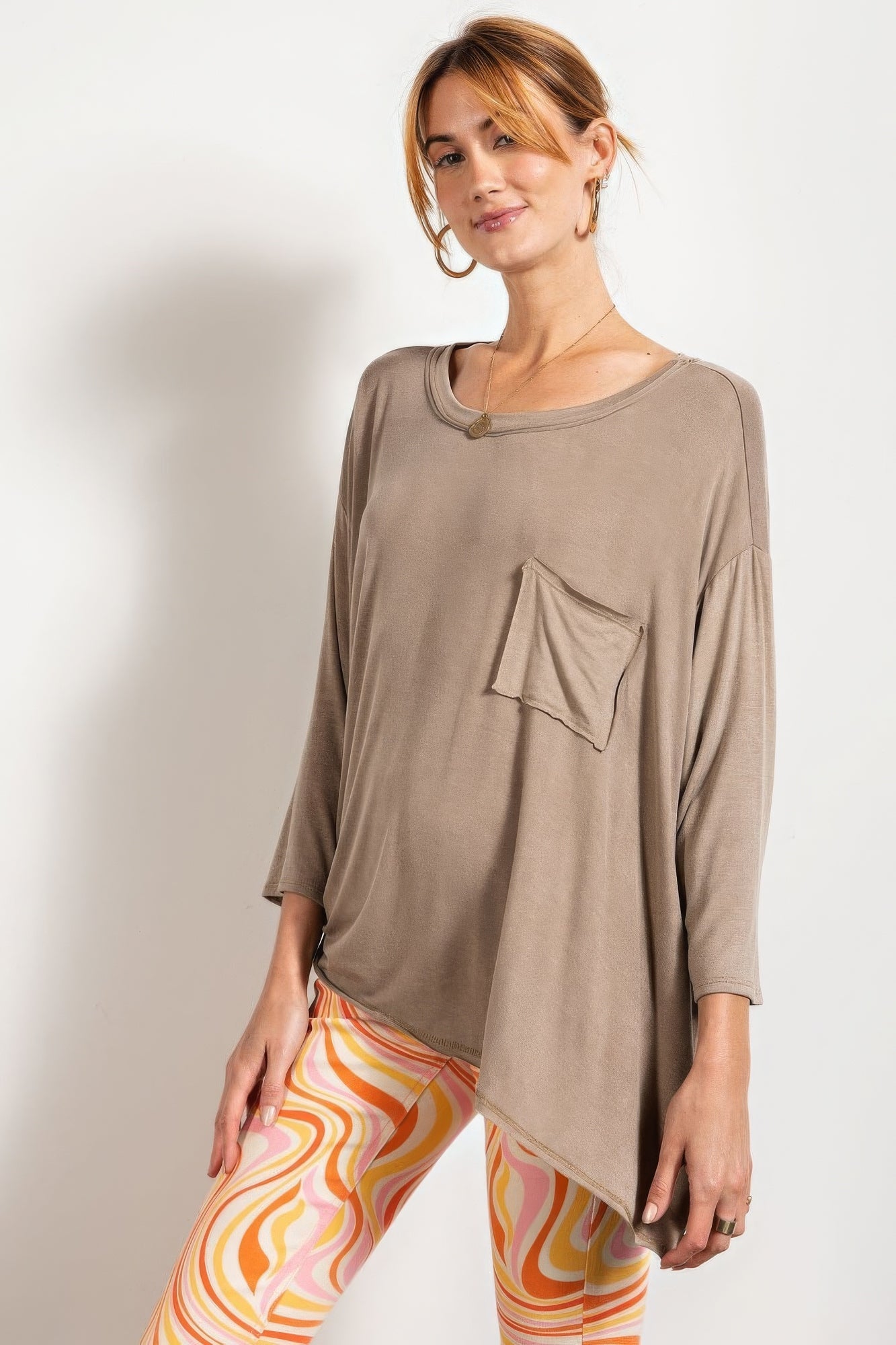 Rounded Neckline 3/4 Sleeves Washed Top - Tigbul's Variety Fashion Shop
