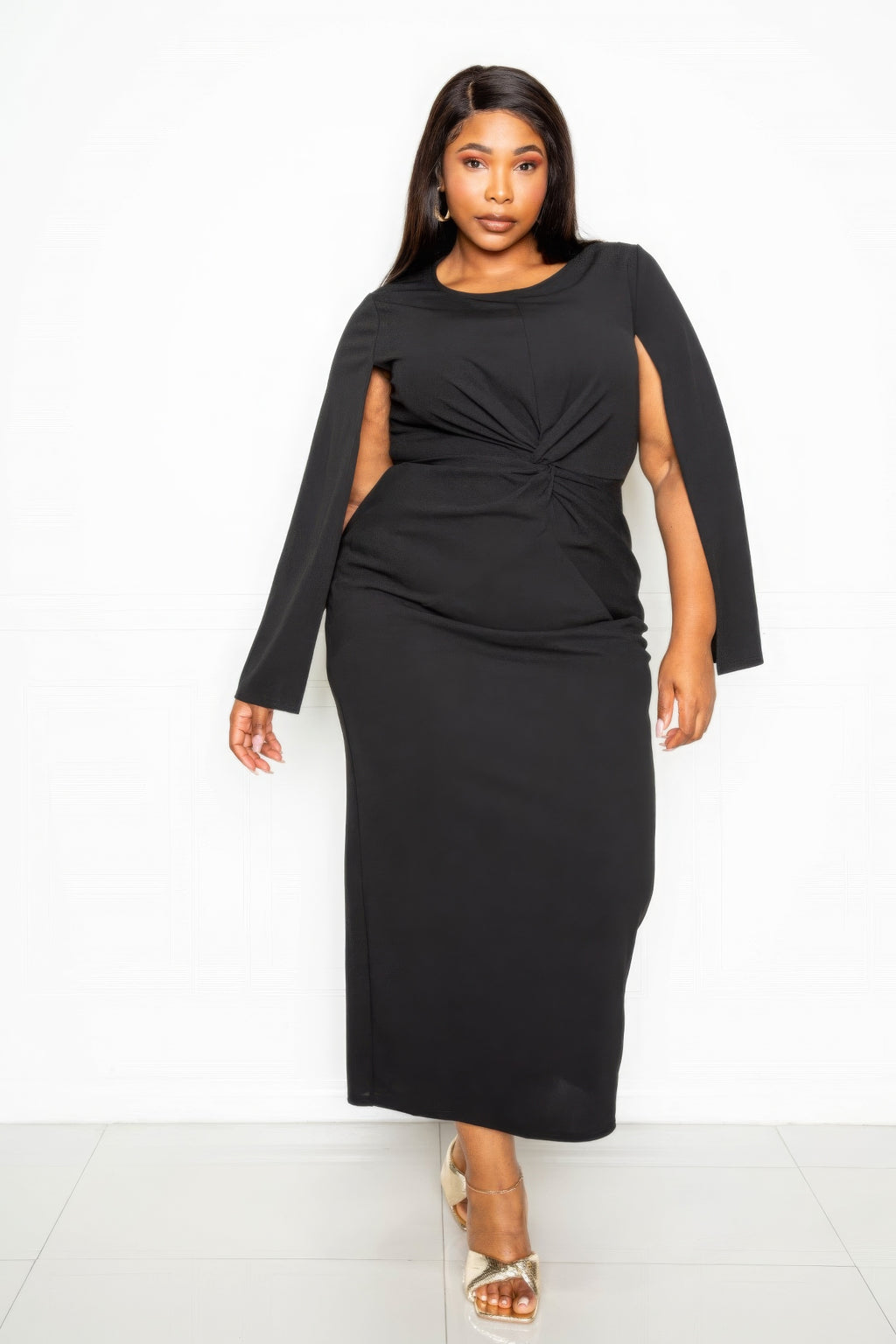 Cape-sleeve dress with front knot detail, black, midi length
