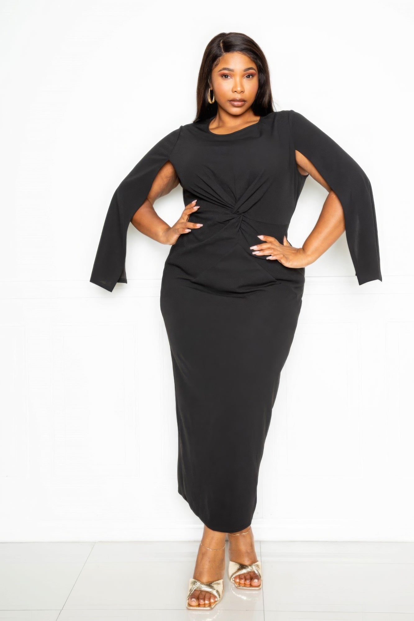 Cape-sleeve knot detail midi dress with draped front, black
