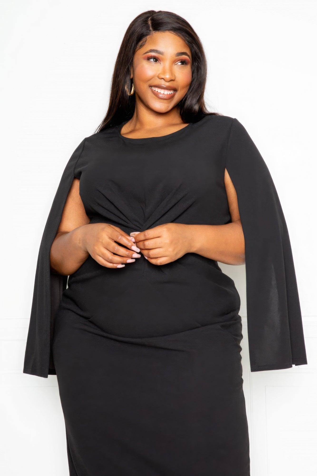 Cape-sleeve dress with gathered knot front, black midi length
