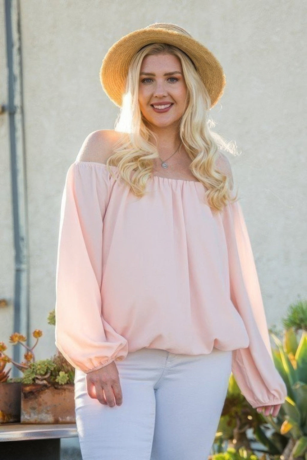 Off Shoulder Long Bubble Sleeve Solid Top - Tigbul's Variety Fashion Shop
