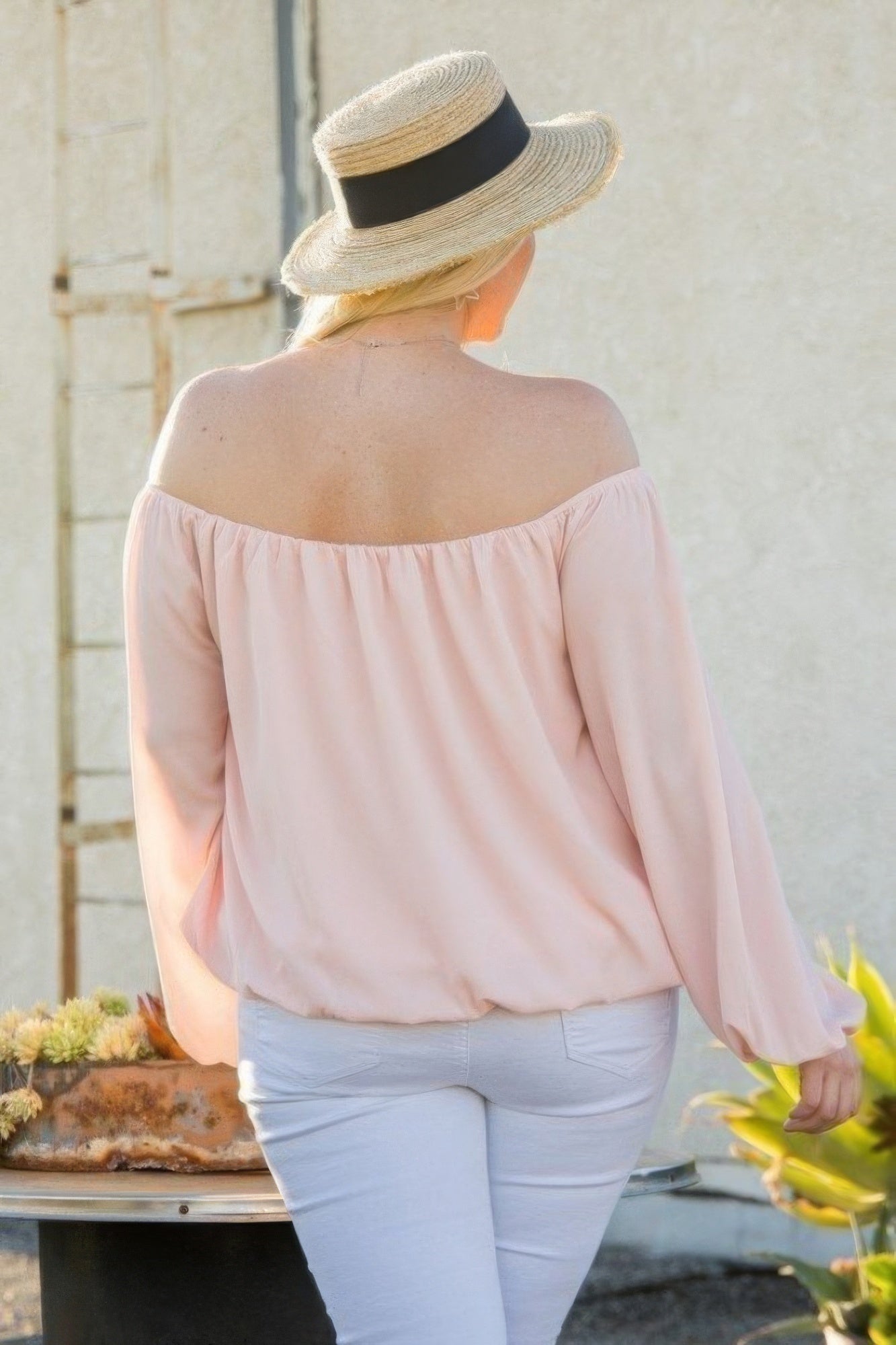 Off Shoulder Long Bubble Sleeve Solid Top - Tigbul's Variety Fashion Shop