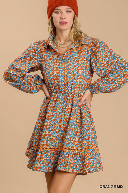 Collared neckline button down floral print dress with crochet trimmed details - Tigbul's Variety Fashion Shop