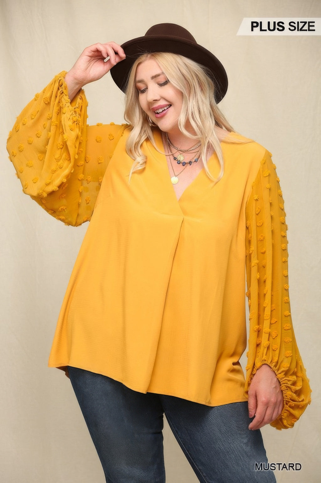 Mustard woven chiffon top with V-neck and voluminous sheer puff sleeves