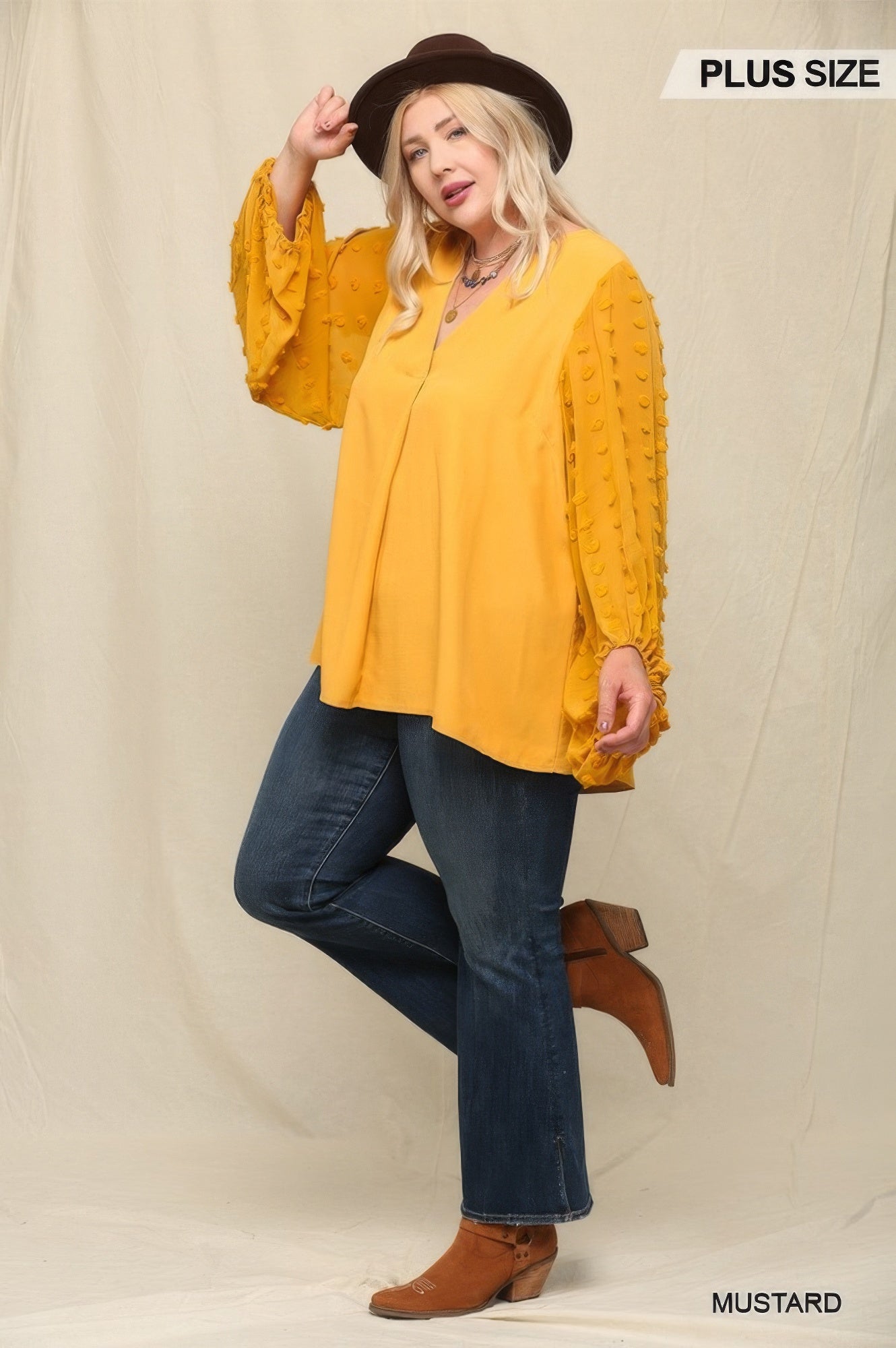 Tigbul's mustard chiffon top with sheer puff sleeves and V-neck