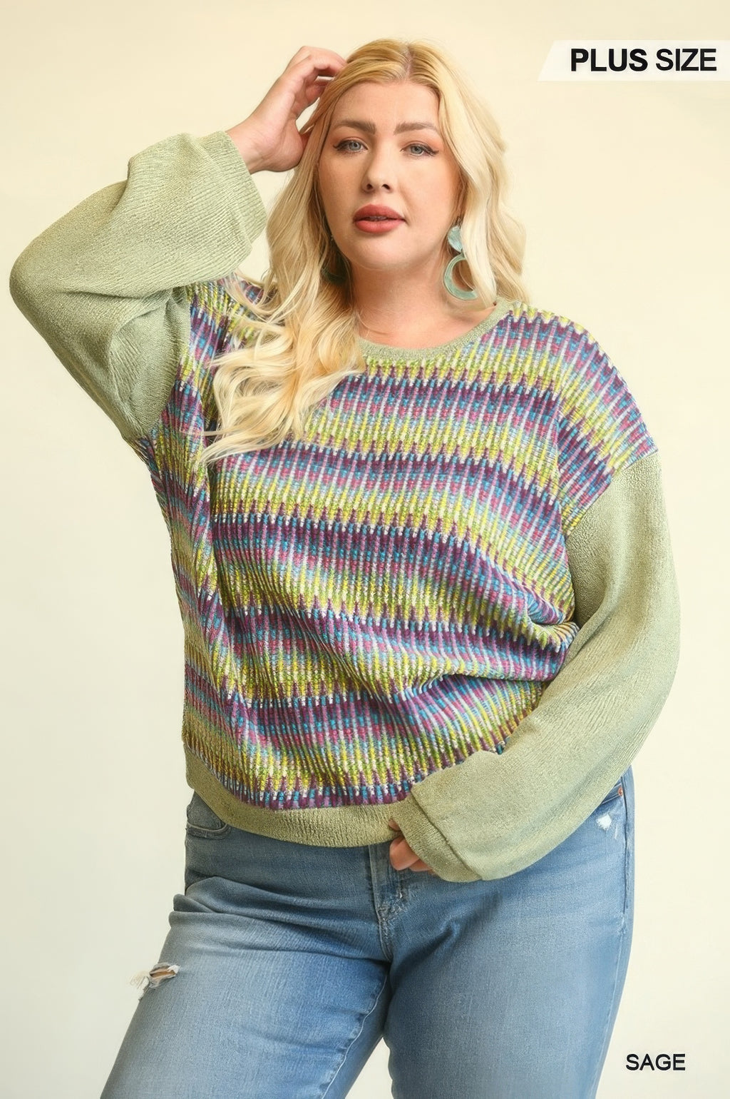 Tigbul’s mixed knit loose top in Sage, rainbow stripe yoke, drop-shoulder sleeves
