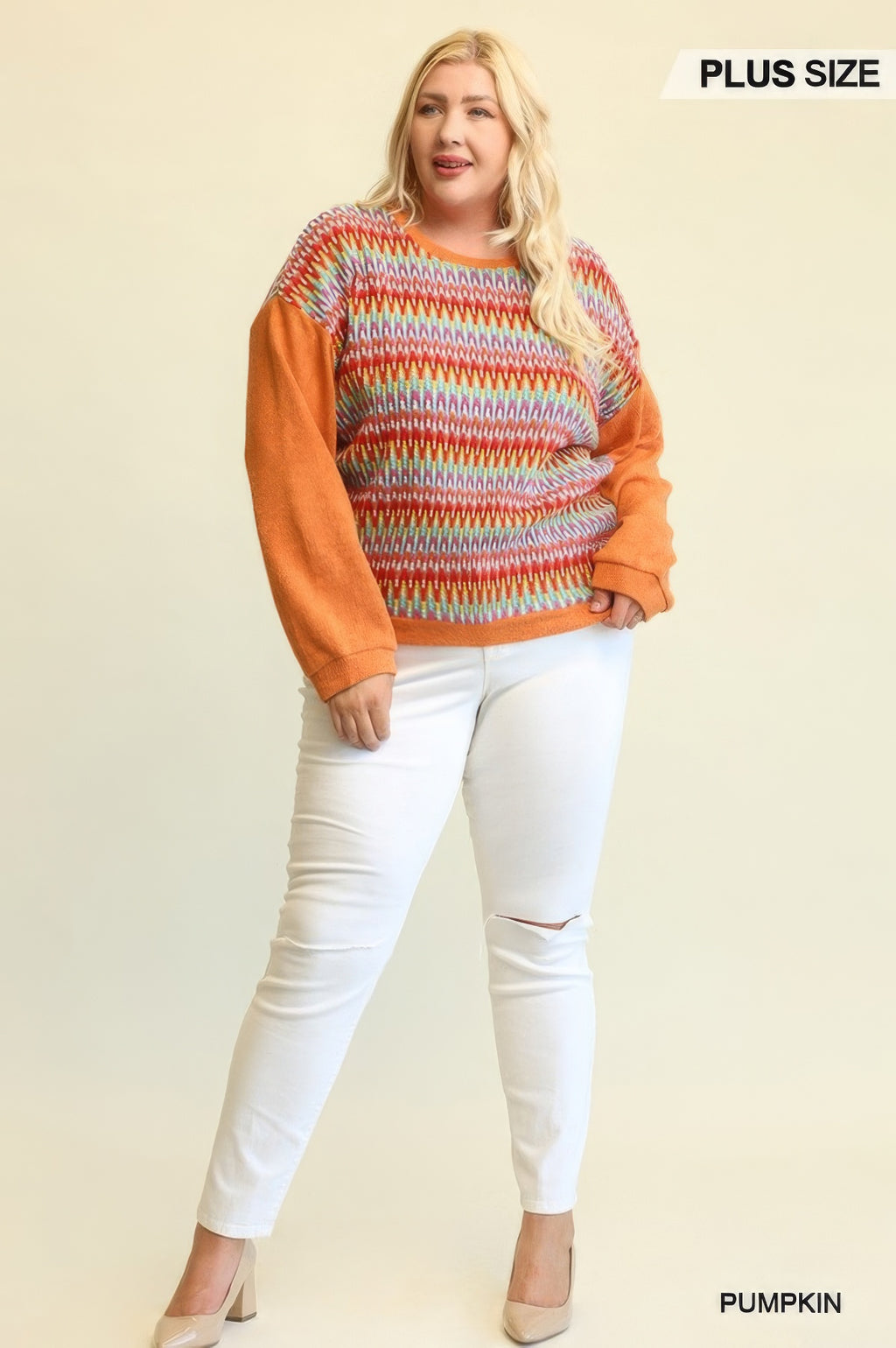 Pumpkin knit novelty top, multicolor horizontal stripes and relaxed drop-shoulder cut