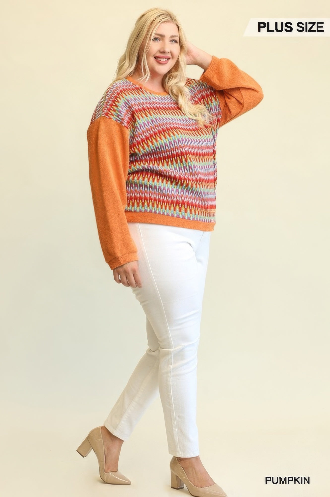 Pumpkin mixed knit top, multicolor striped front with solid orange drop-shoulder sleeves