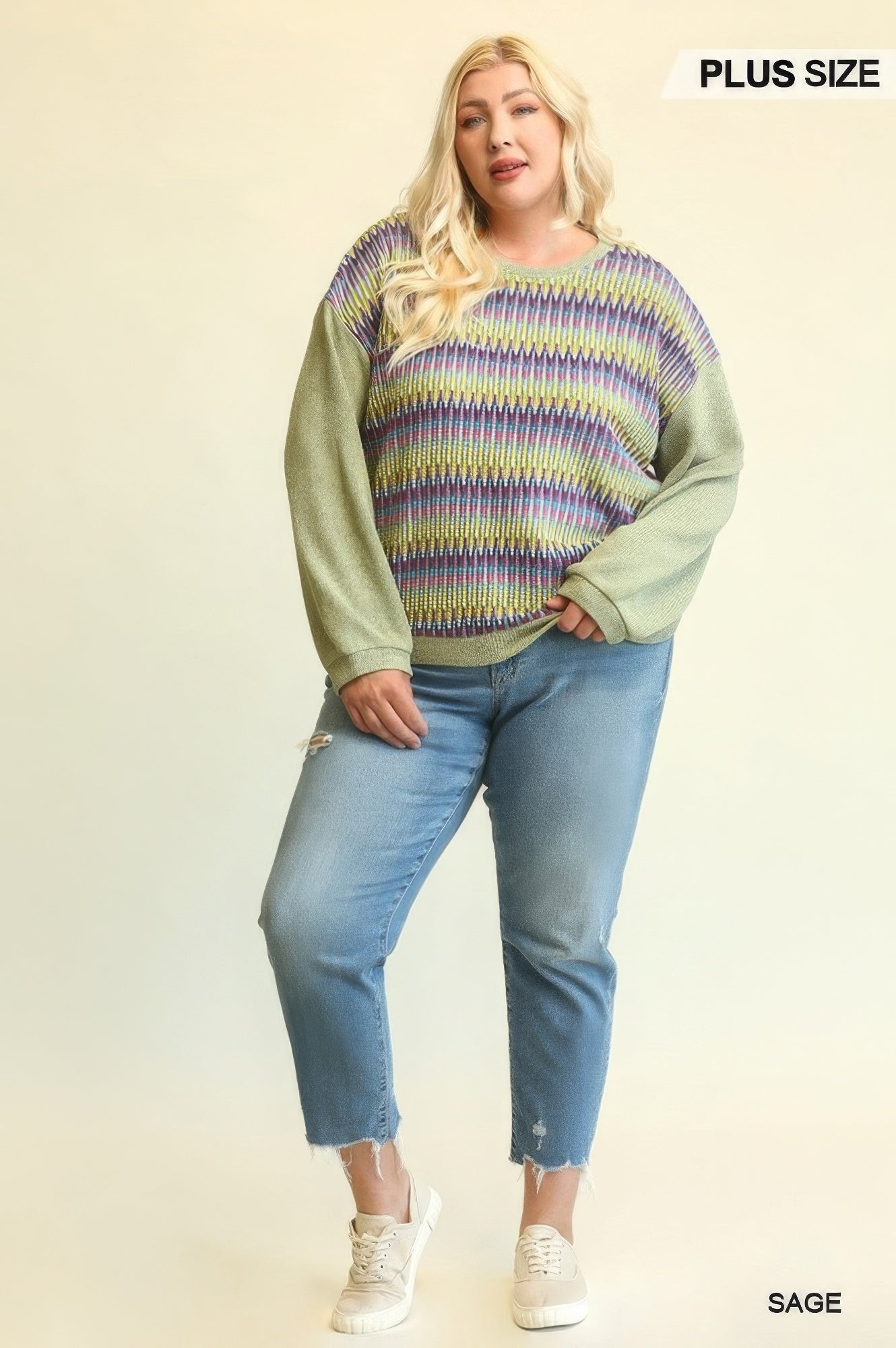 Sage novelty knit top with multicolor striped body and solid drop-shoulder sleeves