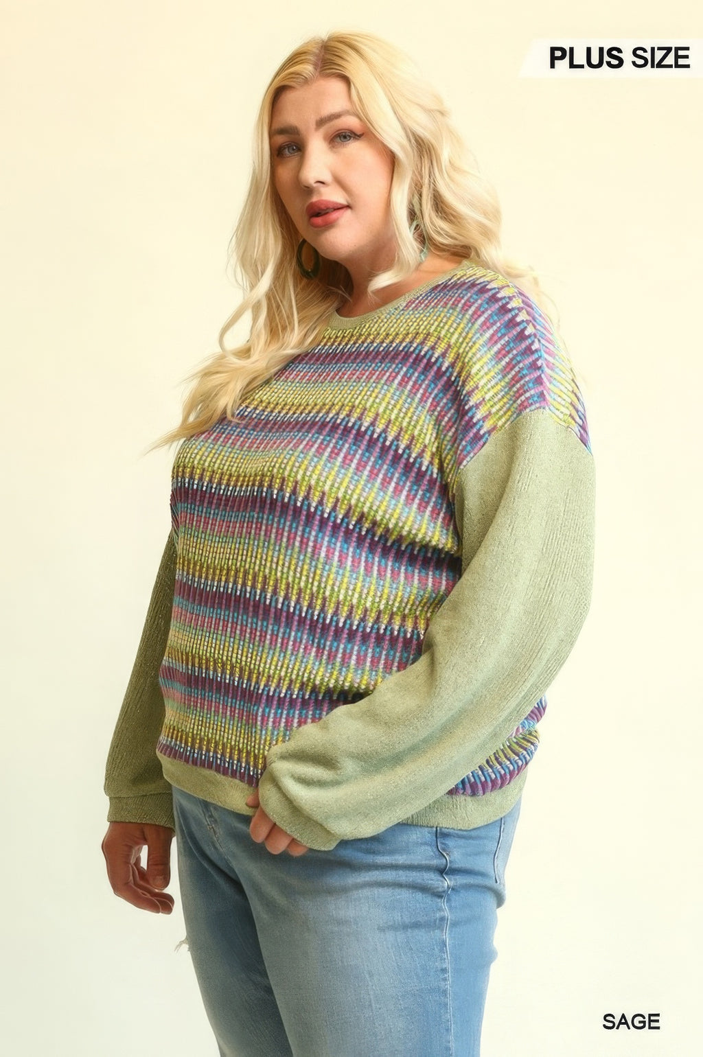 Sage mixed knit sweater top, multicolor horizontal stripes and long drop-shoulder sleeves