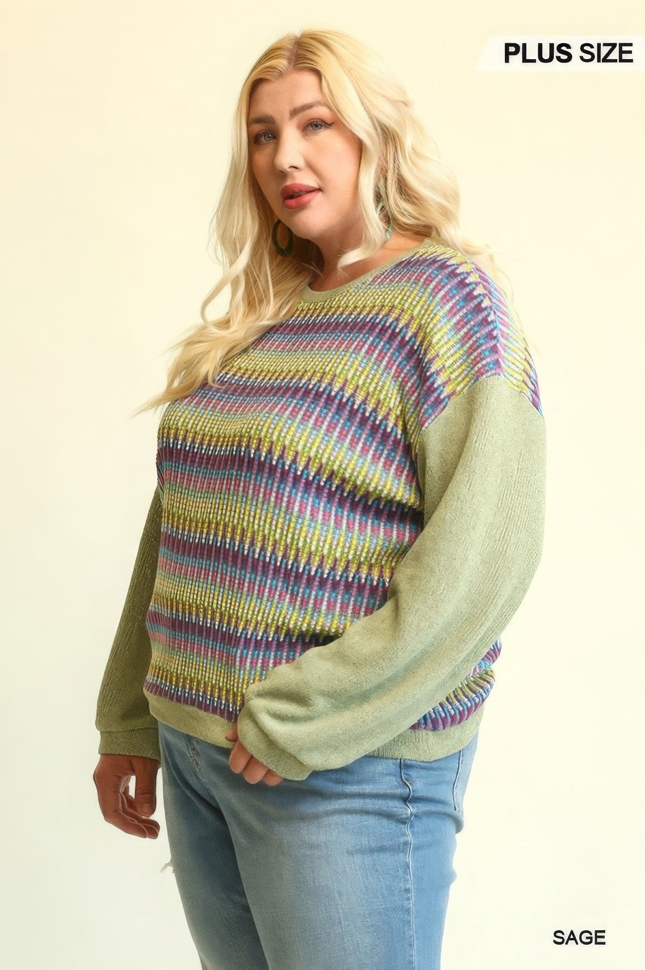 Sage mixed knit sweater top, multicolor horizontal stripes and long drop-shoulder sleeves