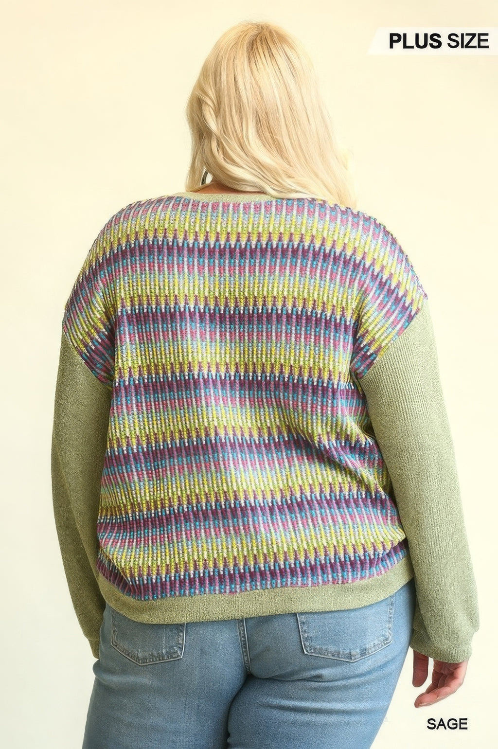 Sage top back view: multicolor striped knit with solid green long sleeves