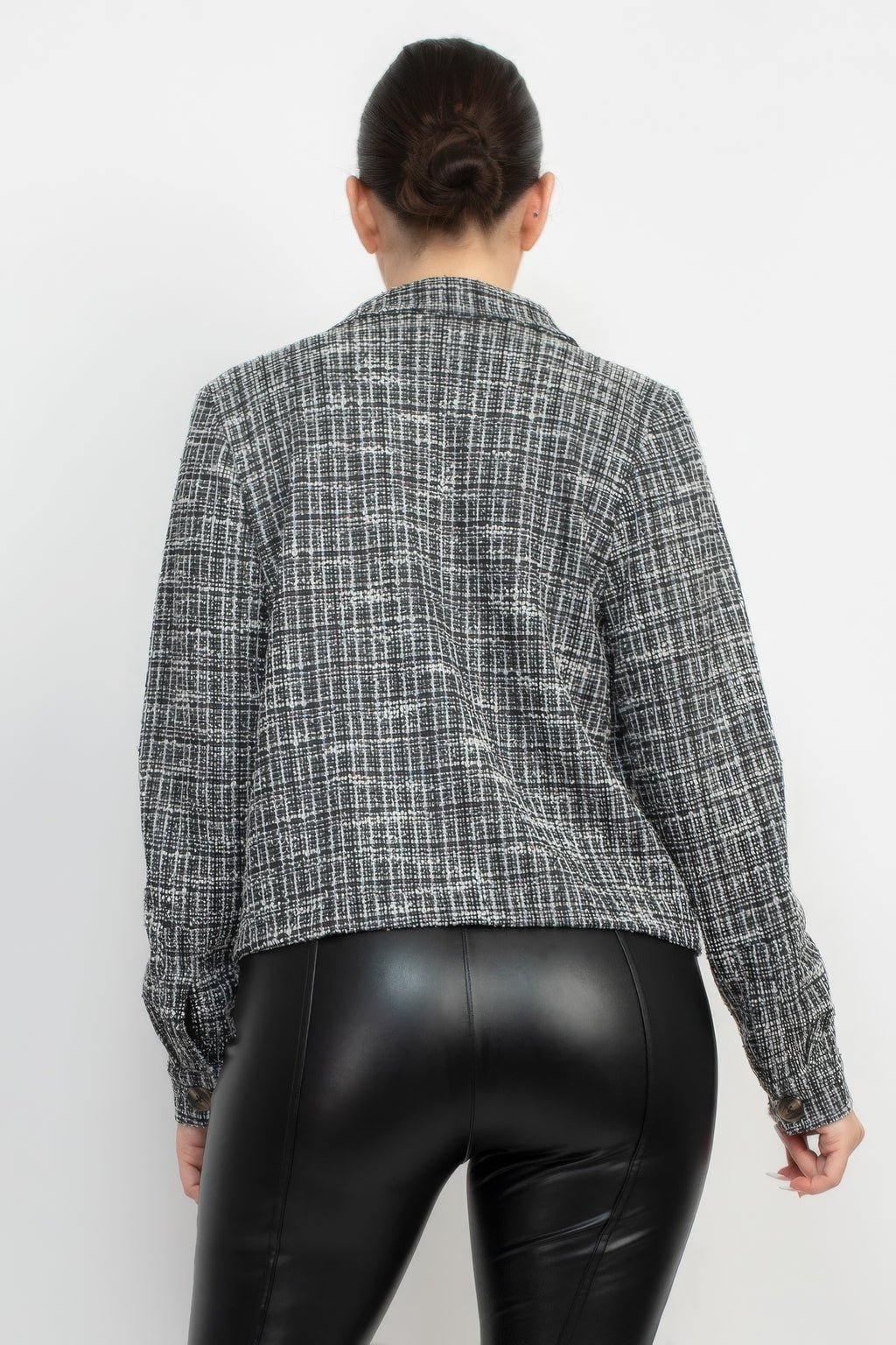 Back view plaid tweed button-down jacket in dark gray/white check, full sleeves