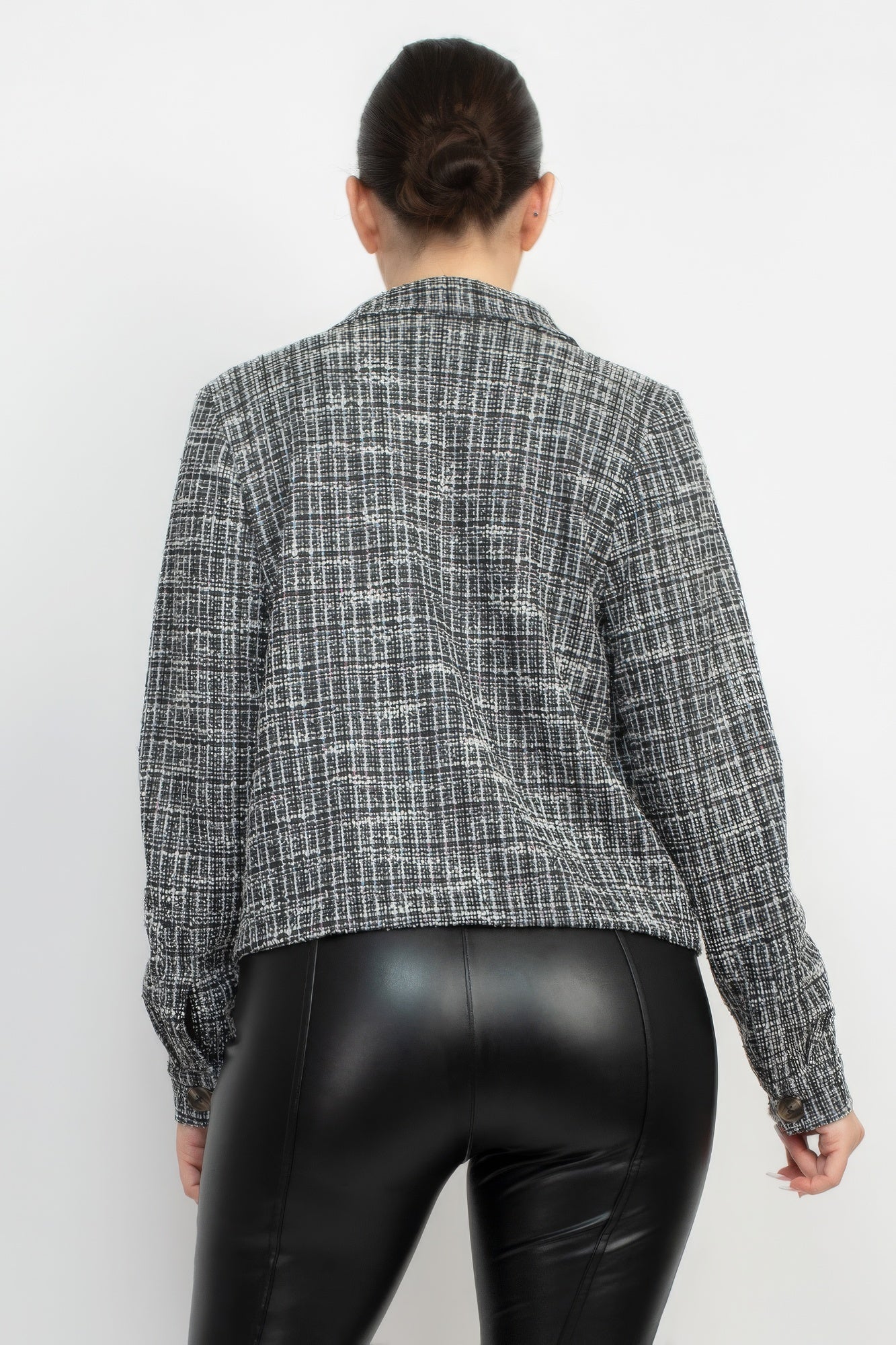 Back view plaid tweed button-down jacket in dark gray/white check, full sleeves