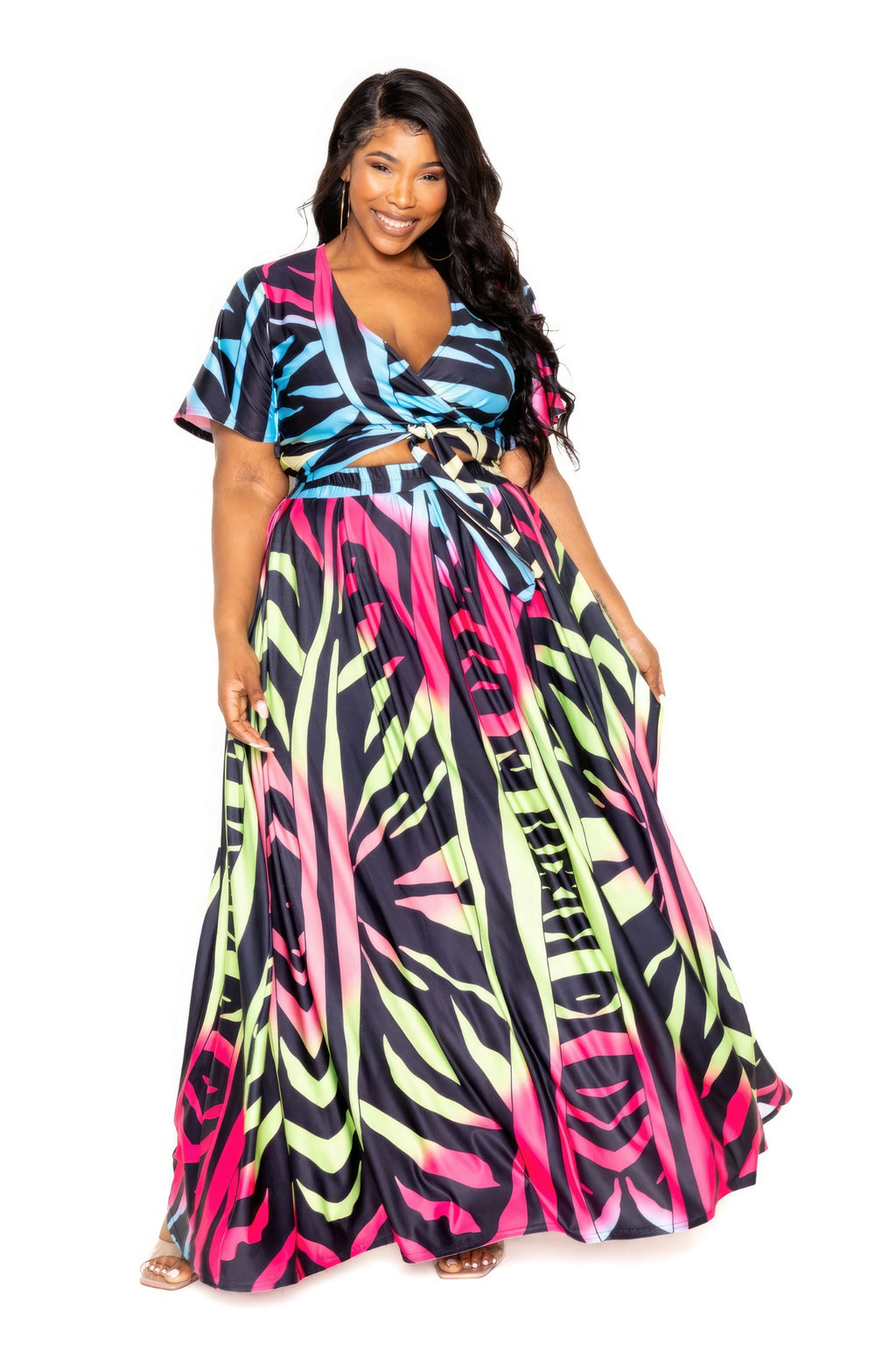 Ombre animal print maxi skirt & wrap top set, V-neck, short sleeves