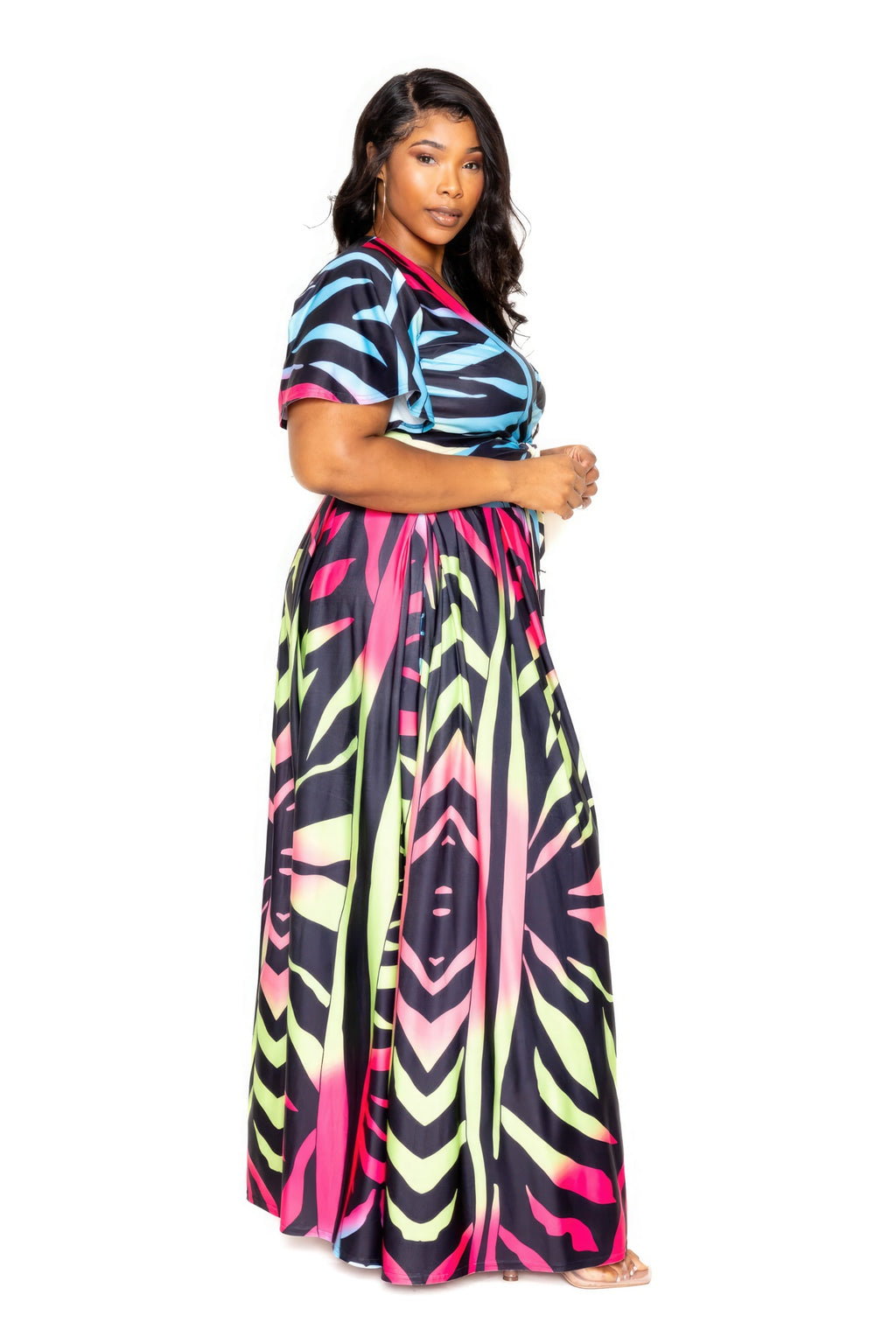 Ombre animal print maxi skirt & wrap top set in dark, pink, lime, and blue
