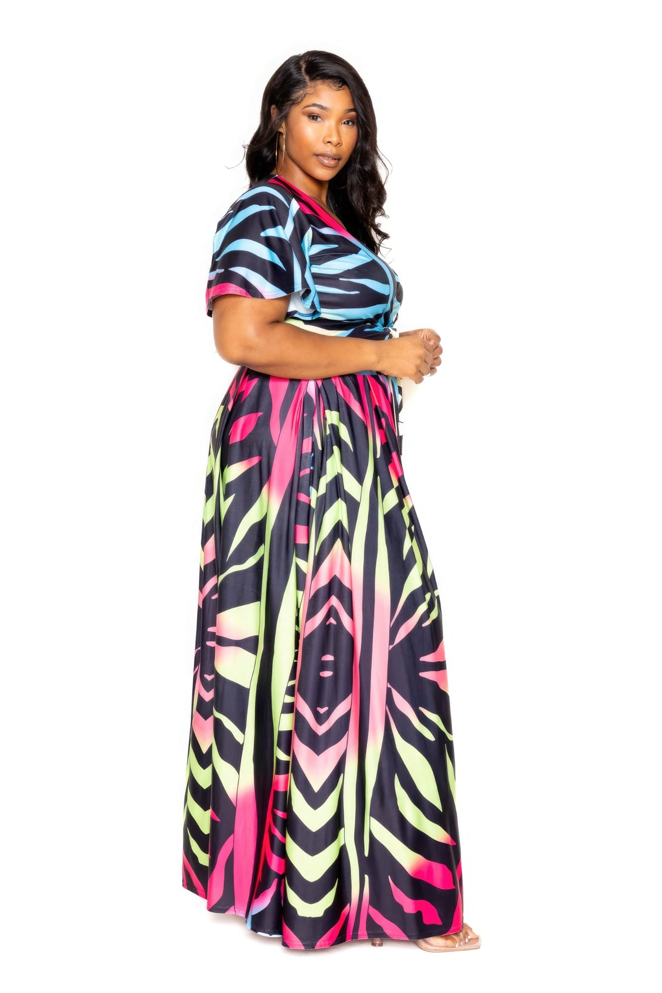 Ombre animal print maxi skirt & wrap top set in dark, pink, lime, and blue