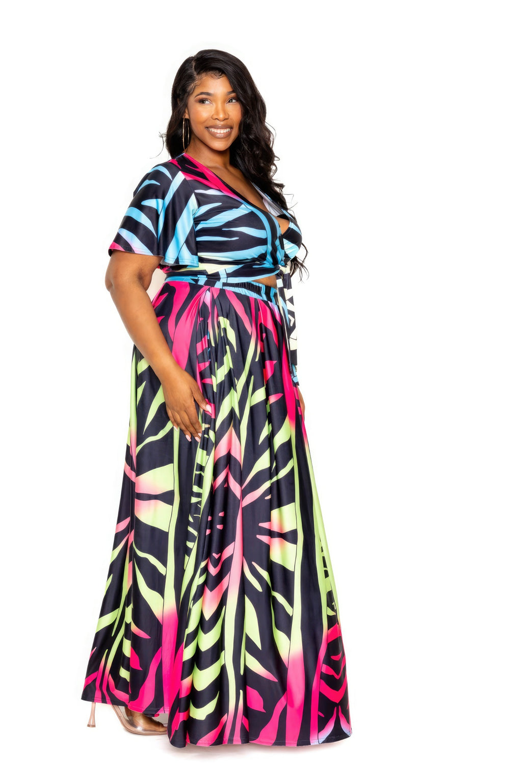 Ombre animal print maxi skirt and wrap top set, V-neck short sleeves