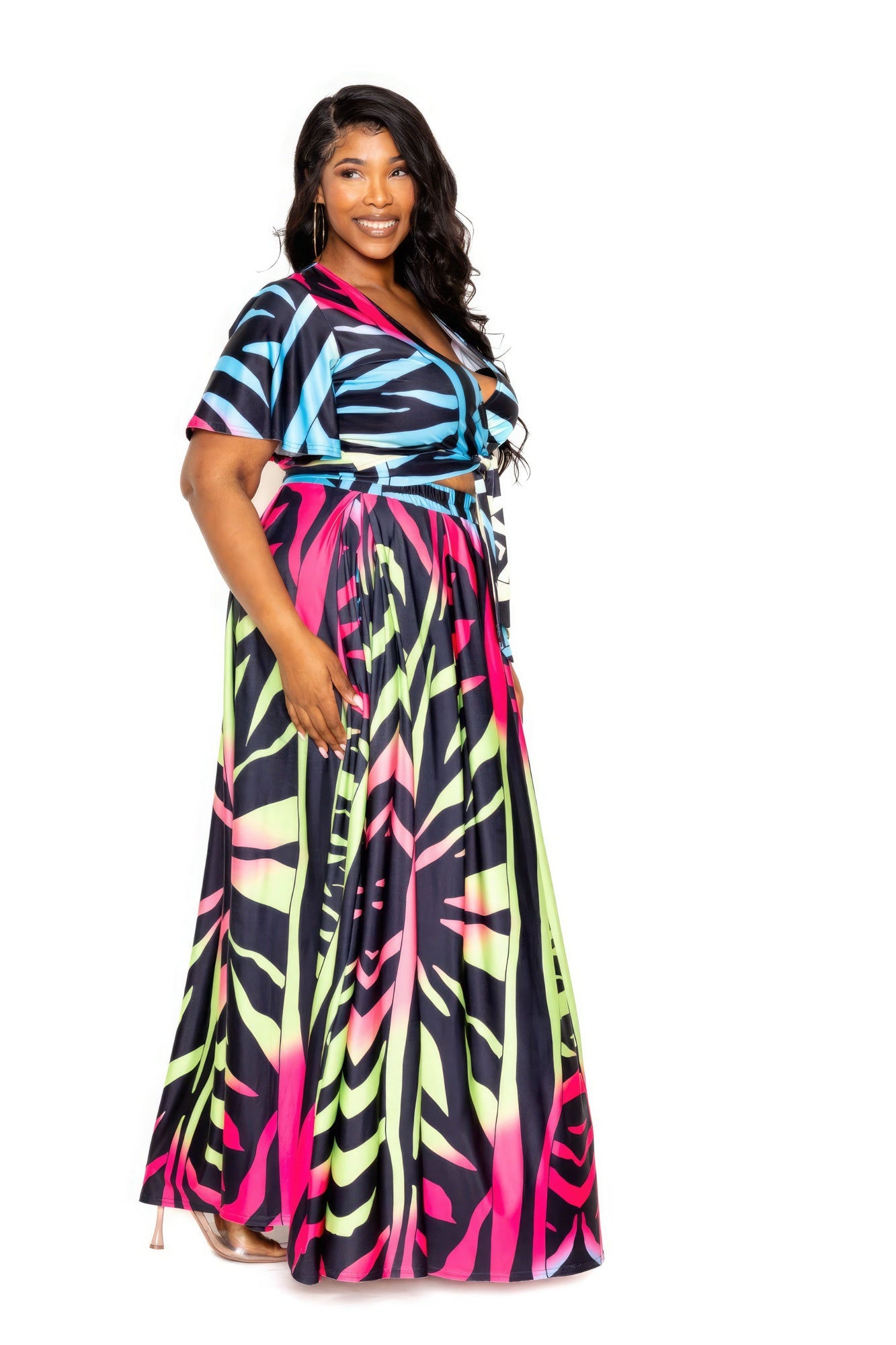 Ombre animal print maxi skirt and wrap top set, V-neck short sleeves
