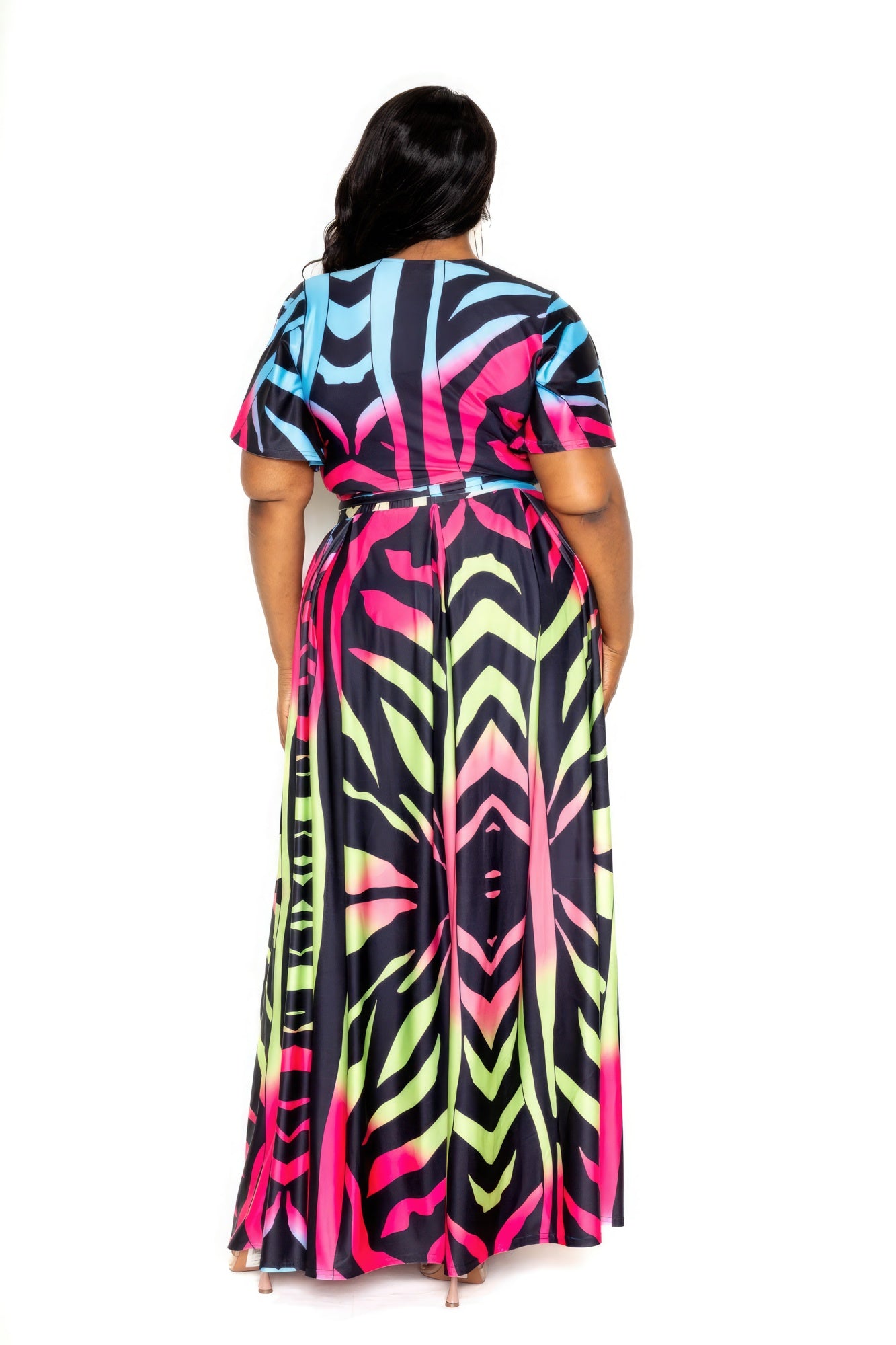 Back view: ombre animal print maxi skirt & wrap top set with tied waist