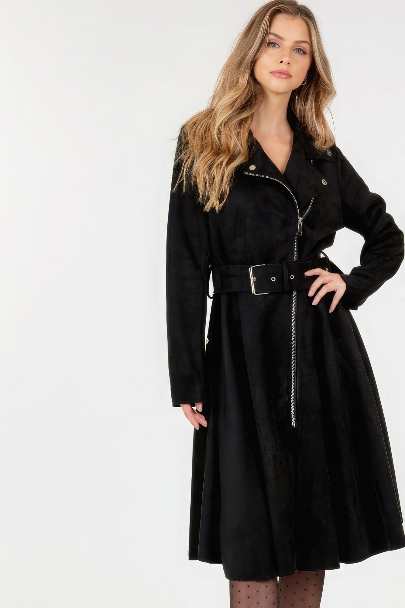 Waist Belt Tacked Faux Suede Coat Solid Coat - Tigbul's Variety Fashion Shop