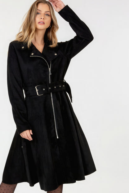 Waist Belt Tacked Faux Suede Coat Solid Coat - Tigbul's Variety Fashion Shop