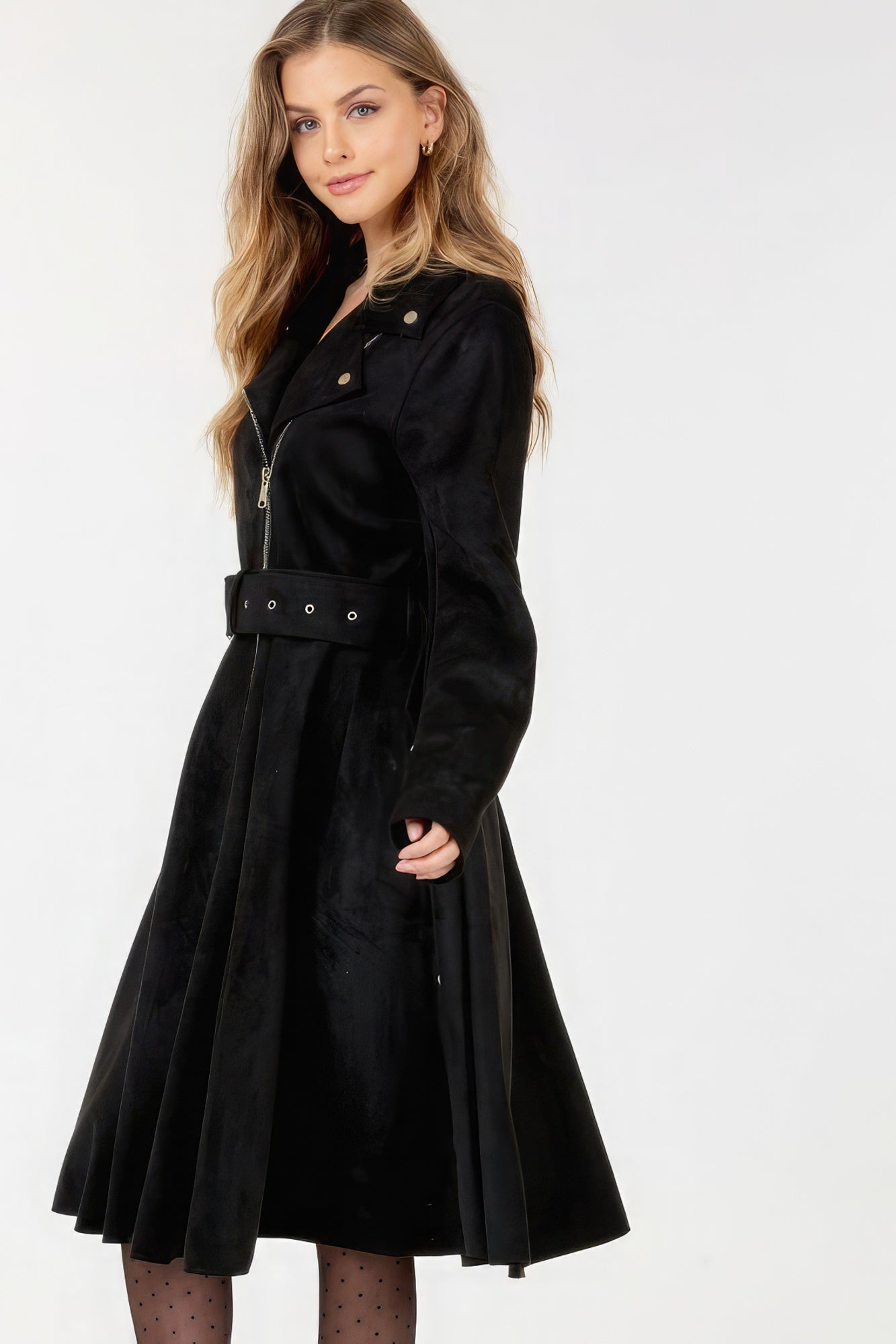 Waist Belt Tacked Faux Suede Coat Solid Coat - Tigbul's Variety Fashion Shop