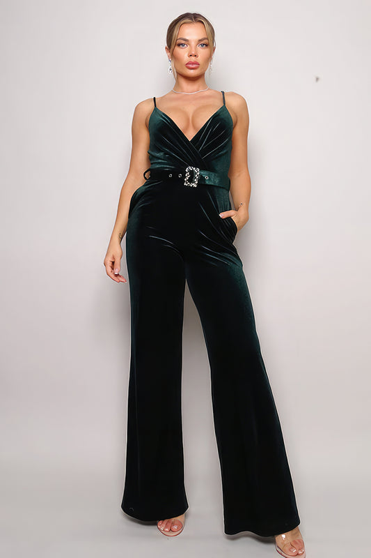 Samba Rhinestone Belt Green Velvet Sleeveless Jumpsuit - Tigbul's Variety Fashion Shop