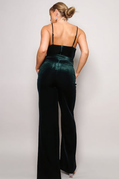 Samba Rhinestone Belt Green Velvet Sleeveless Jumpsuit - Tigbul's Variety Fashion Shop