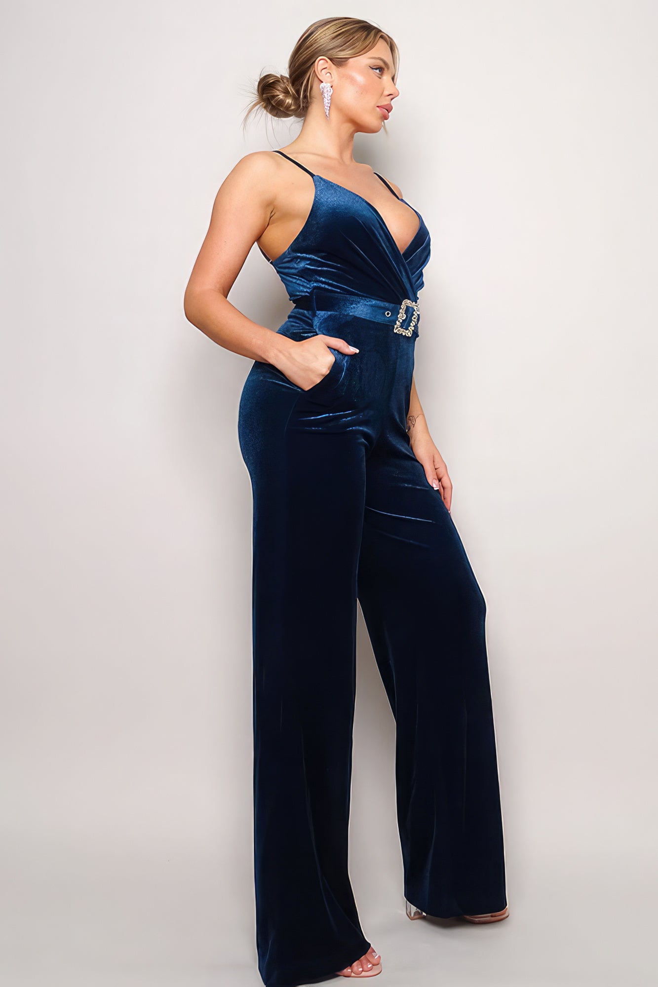 Samba Rhinestone Belt Velvet Jumpsuit - Tigbul's Variety Fashion Shop