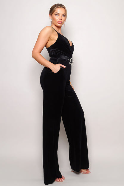 Samba Rhinestone Belt Velvet Jumpsuit - Tigbul's Variety Fashion Shop