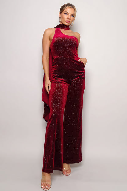 Scarf Top Glitter Velvet Jumpsuit - Tigbul's Variety Fashion Shop