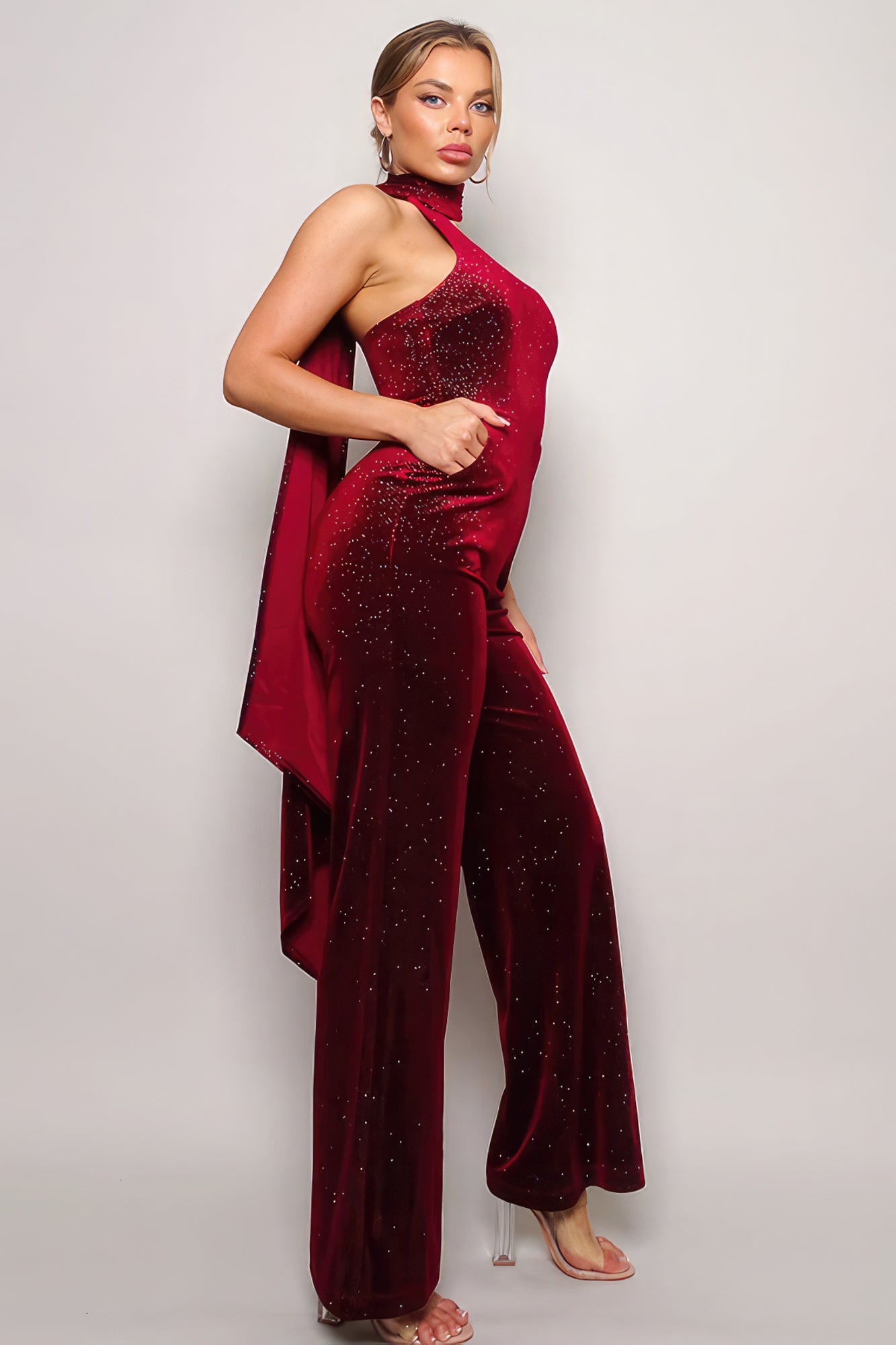 Scarf Top Glitter Velvet Jumpsuit - Tigbul's Variety Fashion Shop