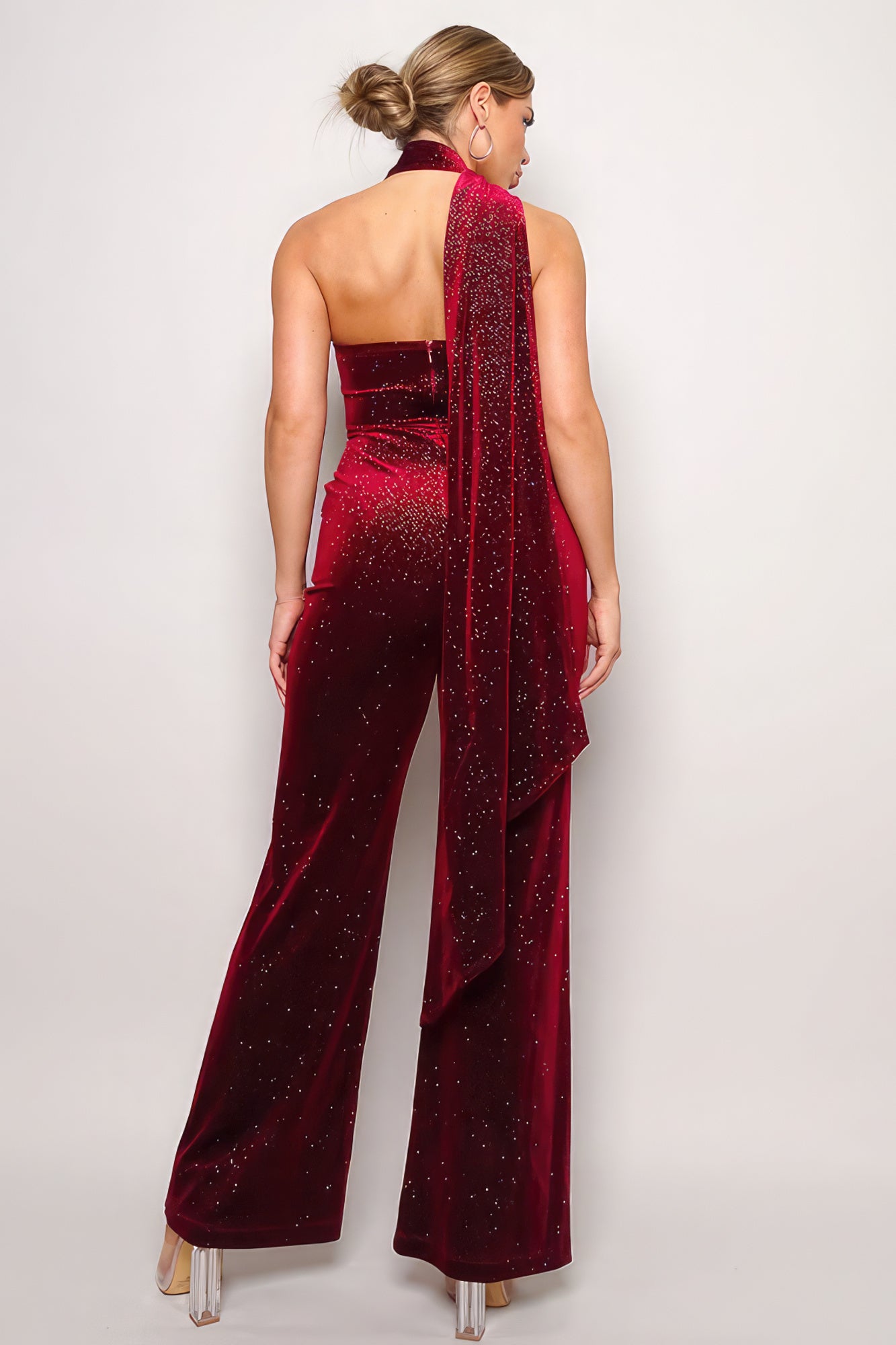 Scarf Top Glitter Velvet Jumpsuit - Tigbul's Variety Fashion Shop