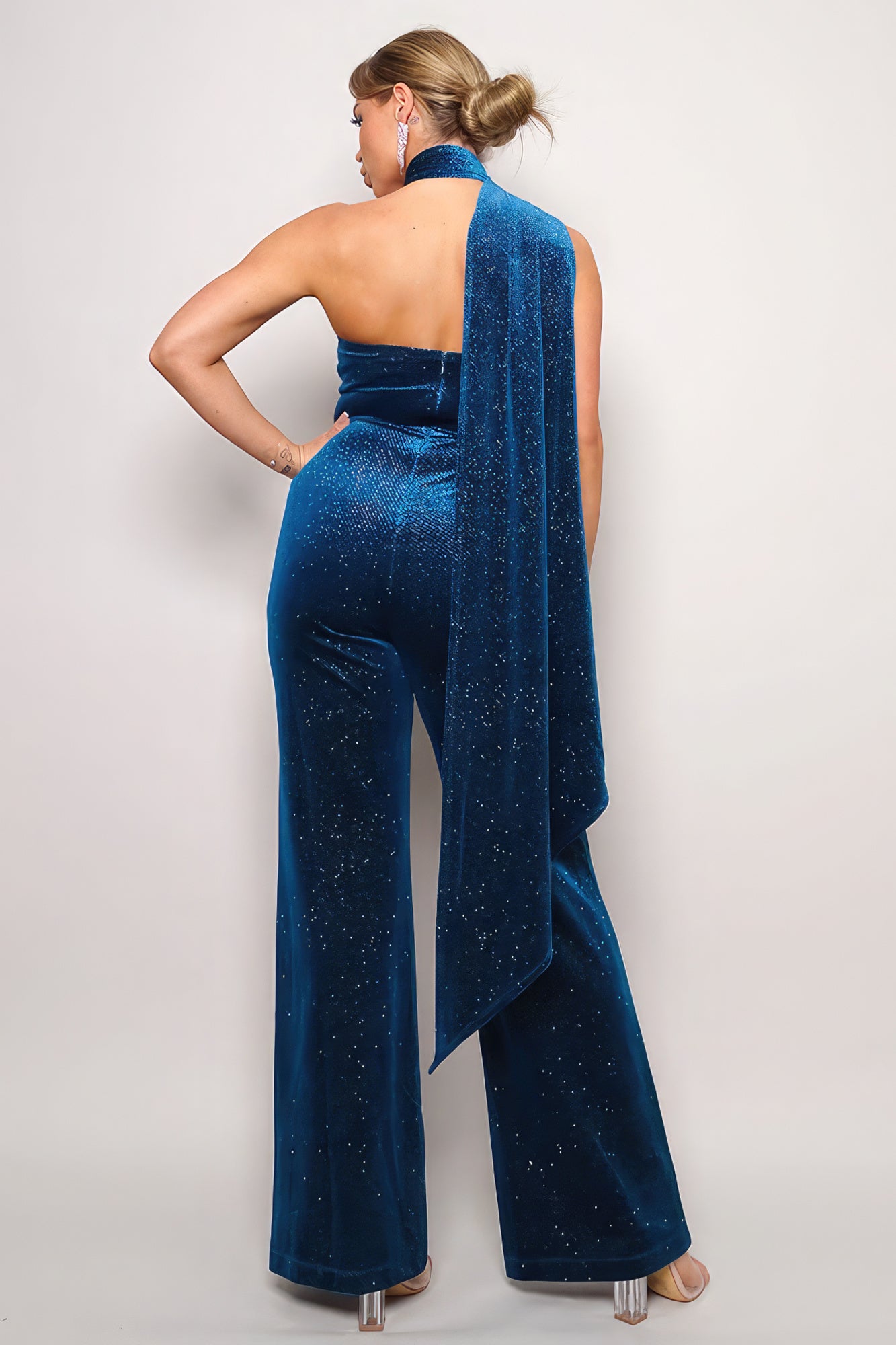 Scarf Top Glitter Velvet Jumpsuit - Tigbul's Variety Fashion Shop