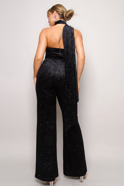 Scarf Top Glitter Velvet Jumpsuit - Tigbul's Variety Fashion Shop