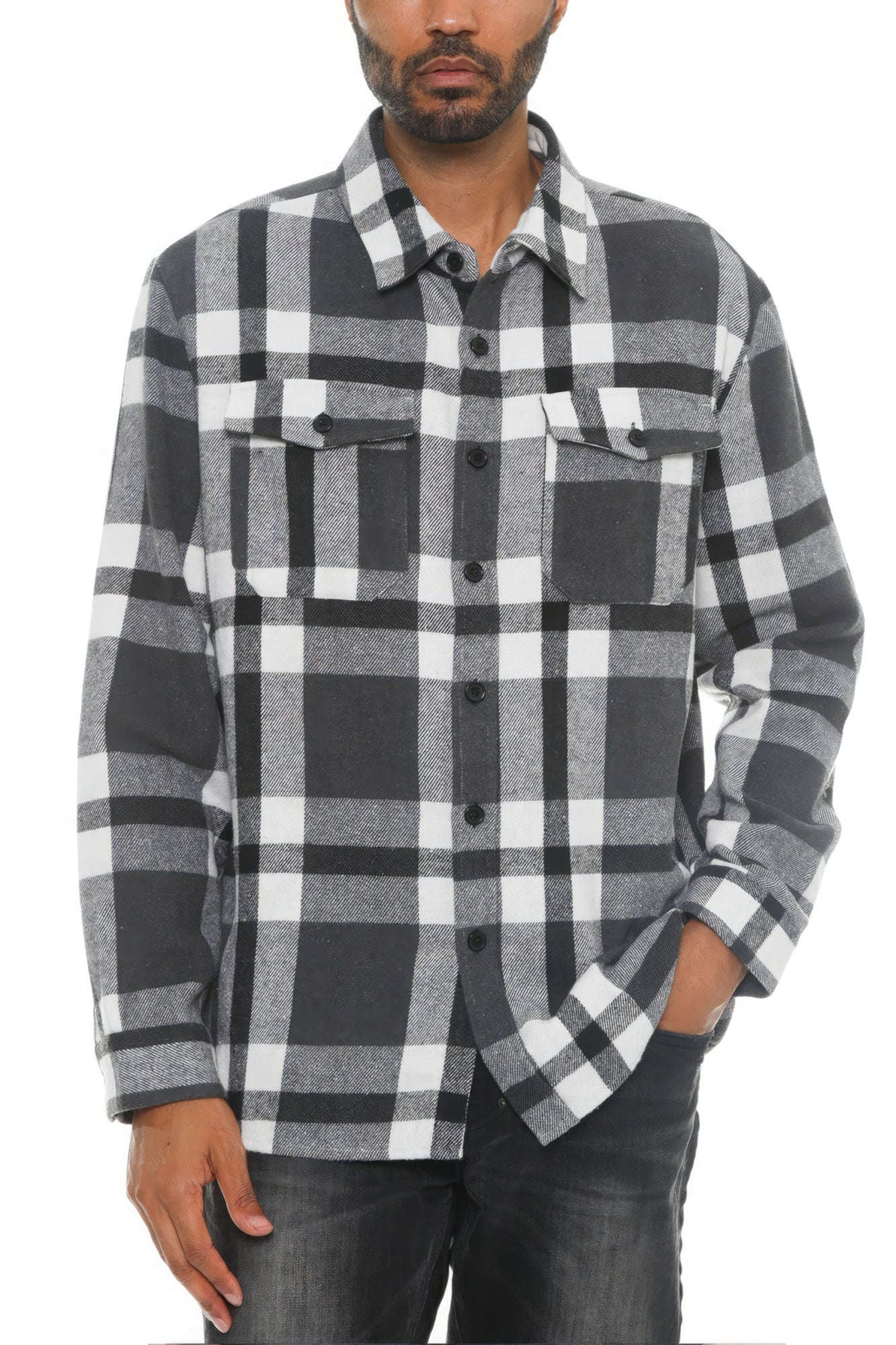 Men's black-and-white buffalo check flannel shacket with button front and chest pockets