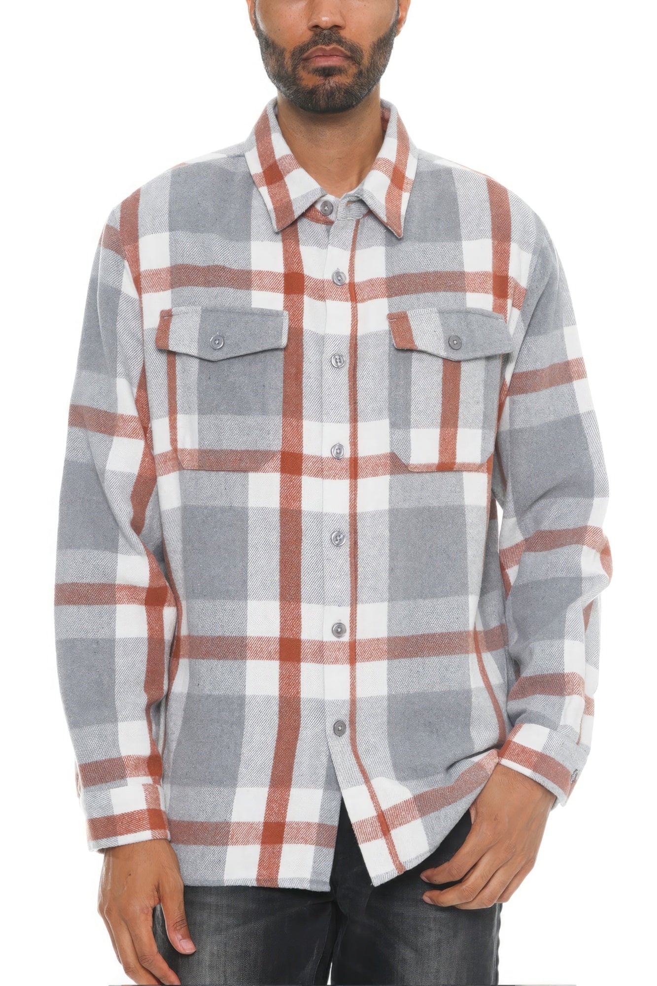 Men's checkered soft flannel shacket in gray rust plaid, button-up with flap chest pockets