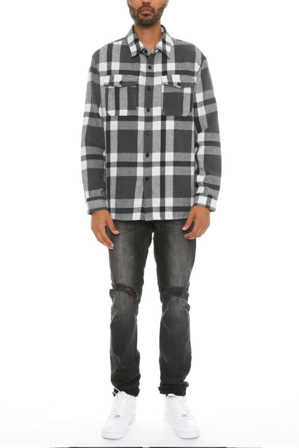 Men's checkered flannel shacket with long sleeves, front buttons, two chest patch pockets